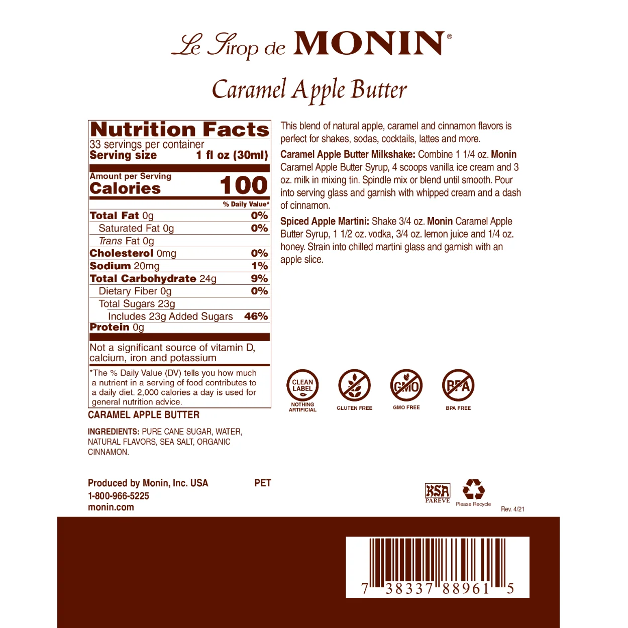 Monin Caramel Apple Butter Syrup Bottle - Image 2