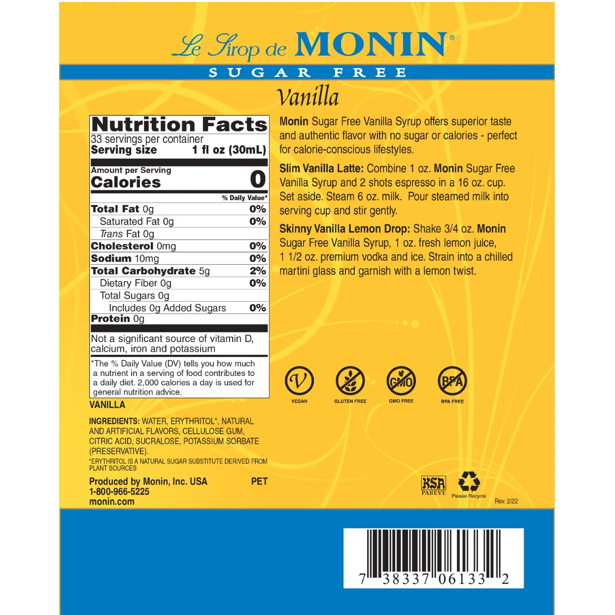 Monin Vanilla Sugar Free Syrup Coffee - Image 2