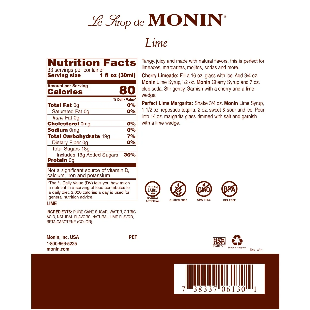 Monin Lime Syrup Bottle - Image 2